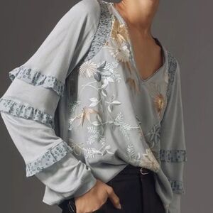 Anthropologie Blue Blouse with Gold Floral Embroidery